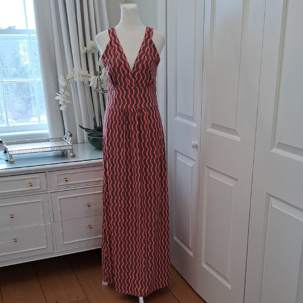 Ellie Kai‎ Womens Luxury Boutique Coral/Brown Stretch Halter Maxi Dress 6